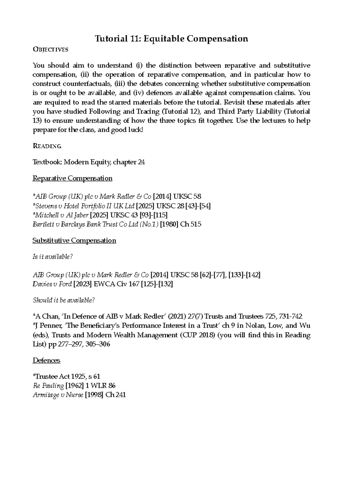 Tutorial 11: Equitable Compensation & Key Concepts - Studocu