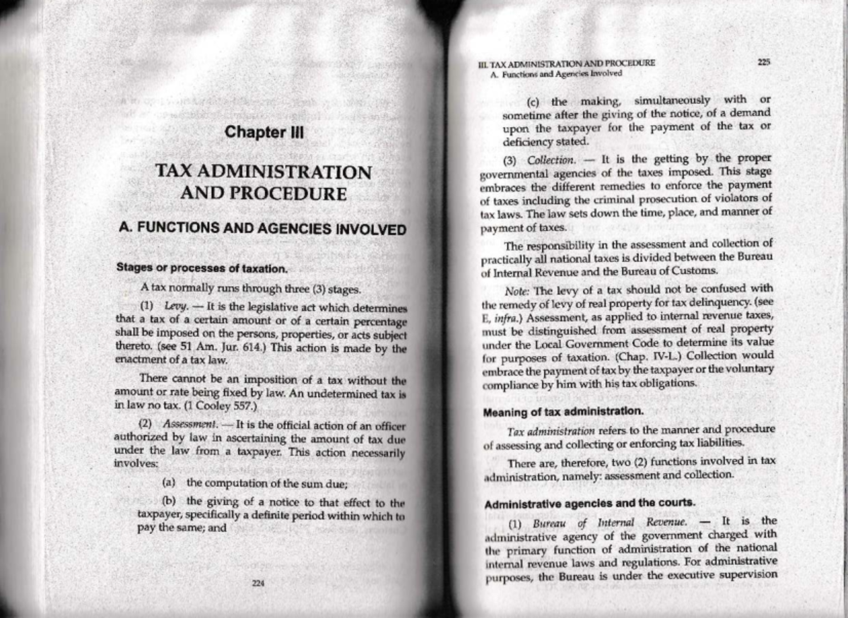 II I. TAX ADMINISTRATION AND PROCEDURE: Functions and Agencies Involved ...