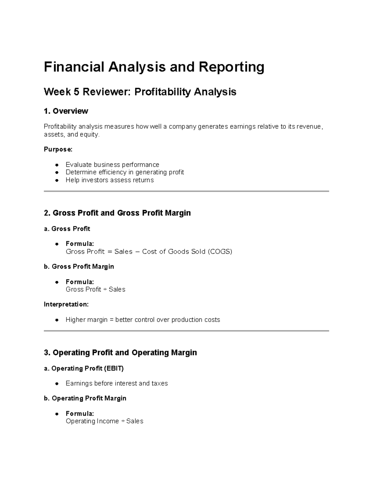 Financial Analysis and Reporting - WEEK 5: Profitability Insights - Studocu