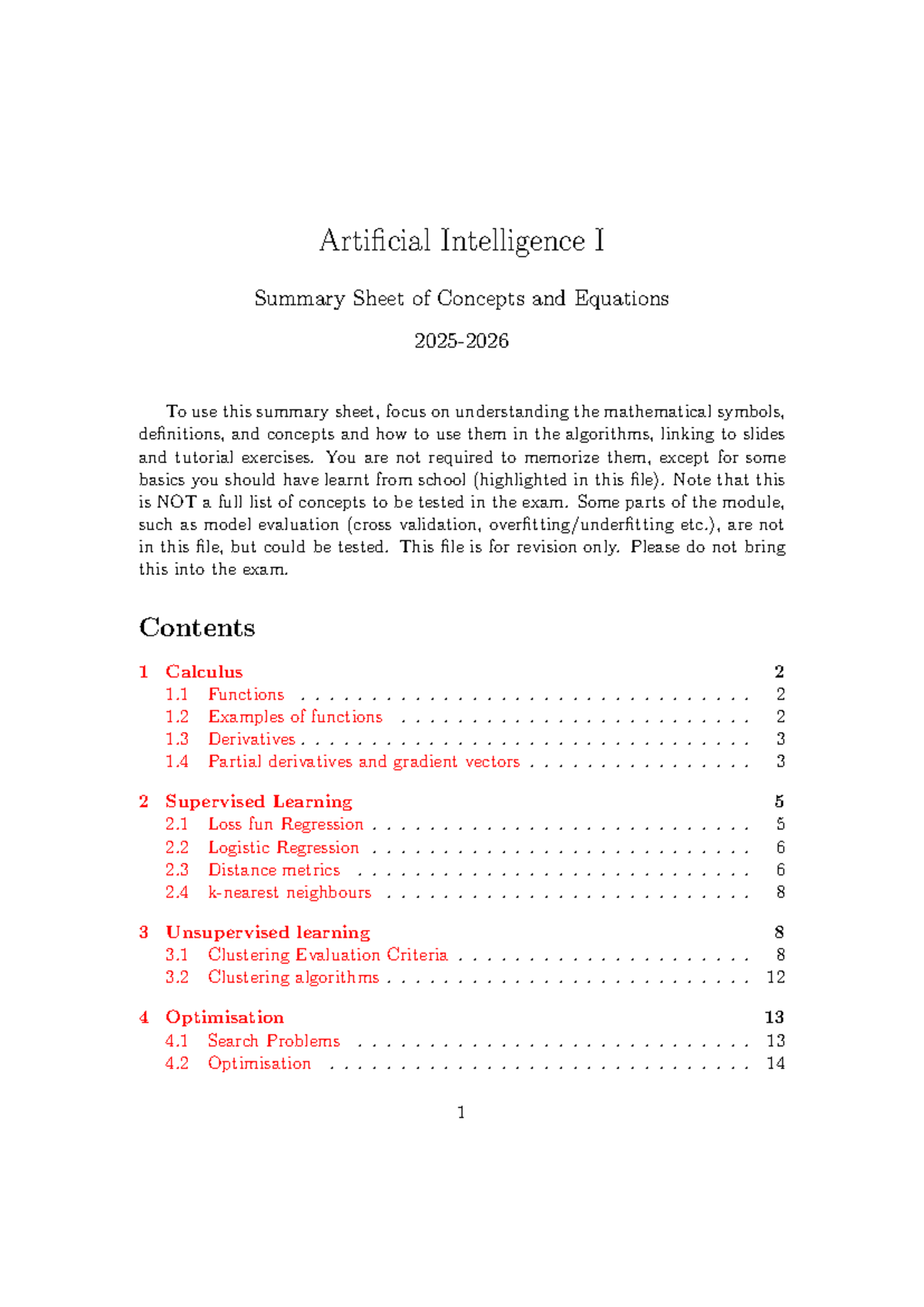 Artificial Intelligence I - Summary Sheet of Concepts & Equations - Studocu