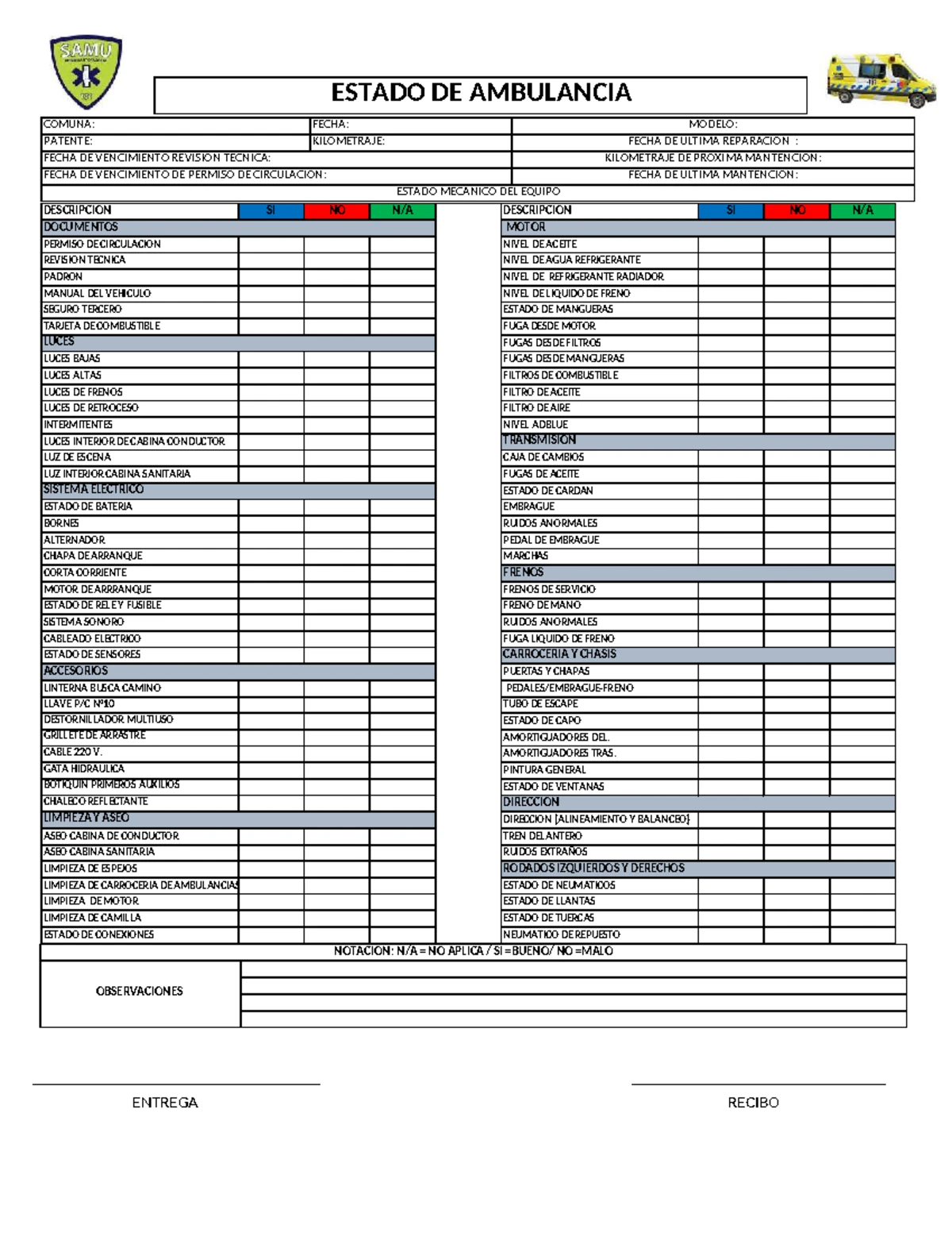 Formato Check List de Estado de Ambulancia para Examen - Studocu