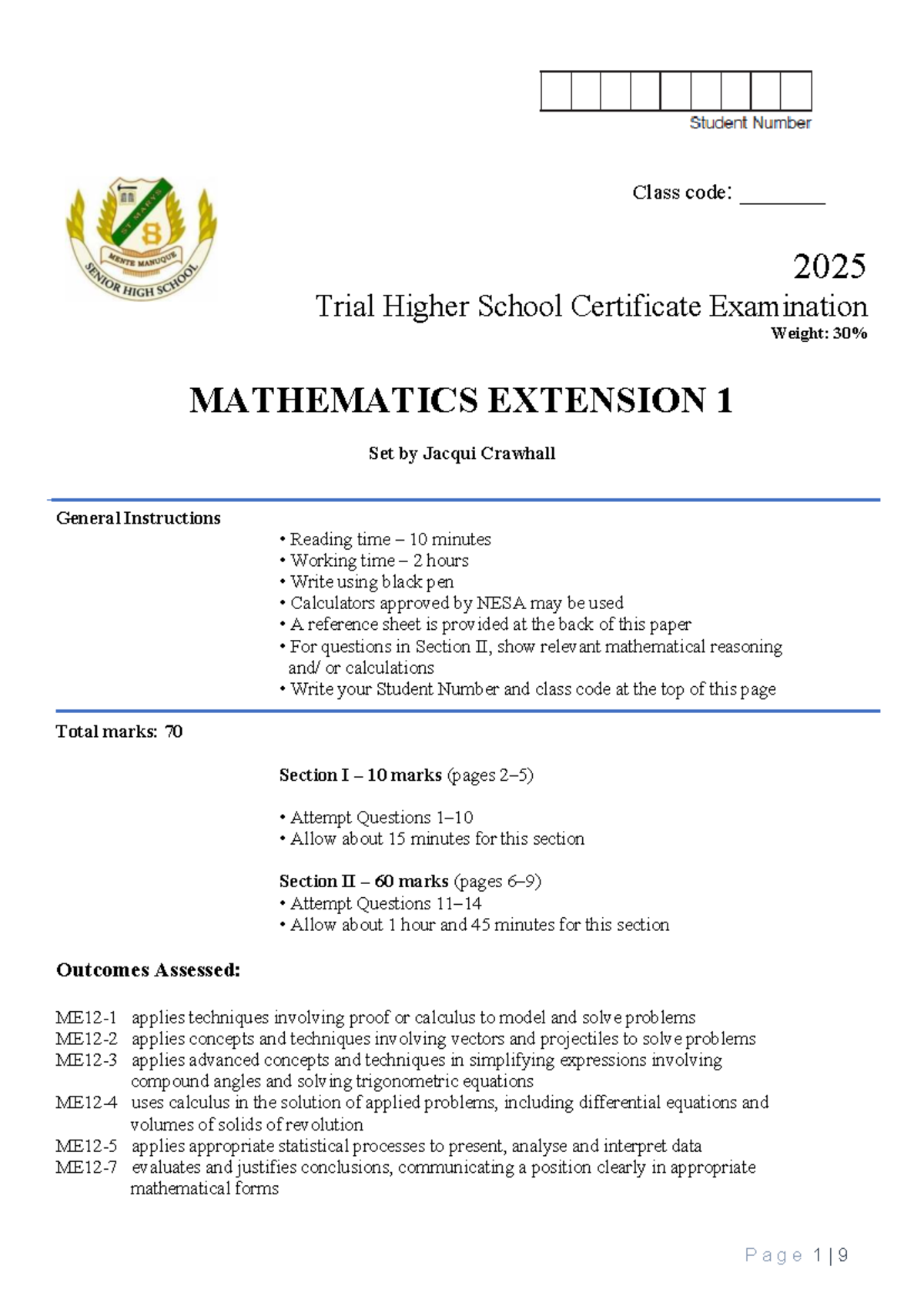 2025 MATHEMATICS EXTENSION 1 Trial Exam Paper - Studocu