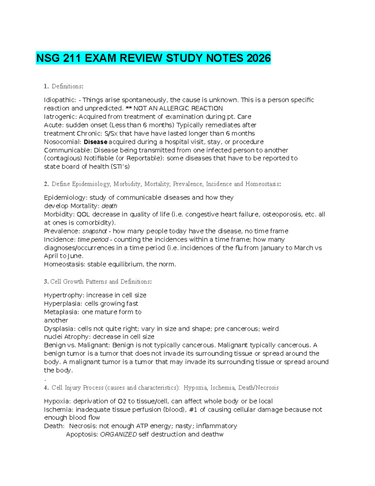 NSG 211 PATHO EXAM 1 STUDY GUIDE & REVIEW NOTES 2026 - Studocu