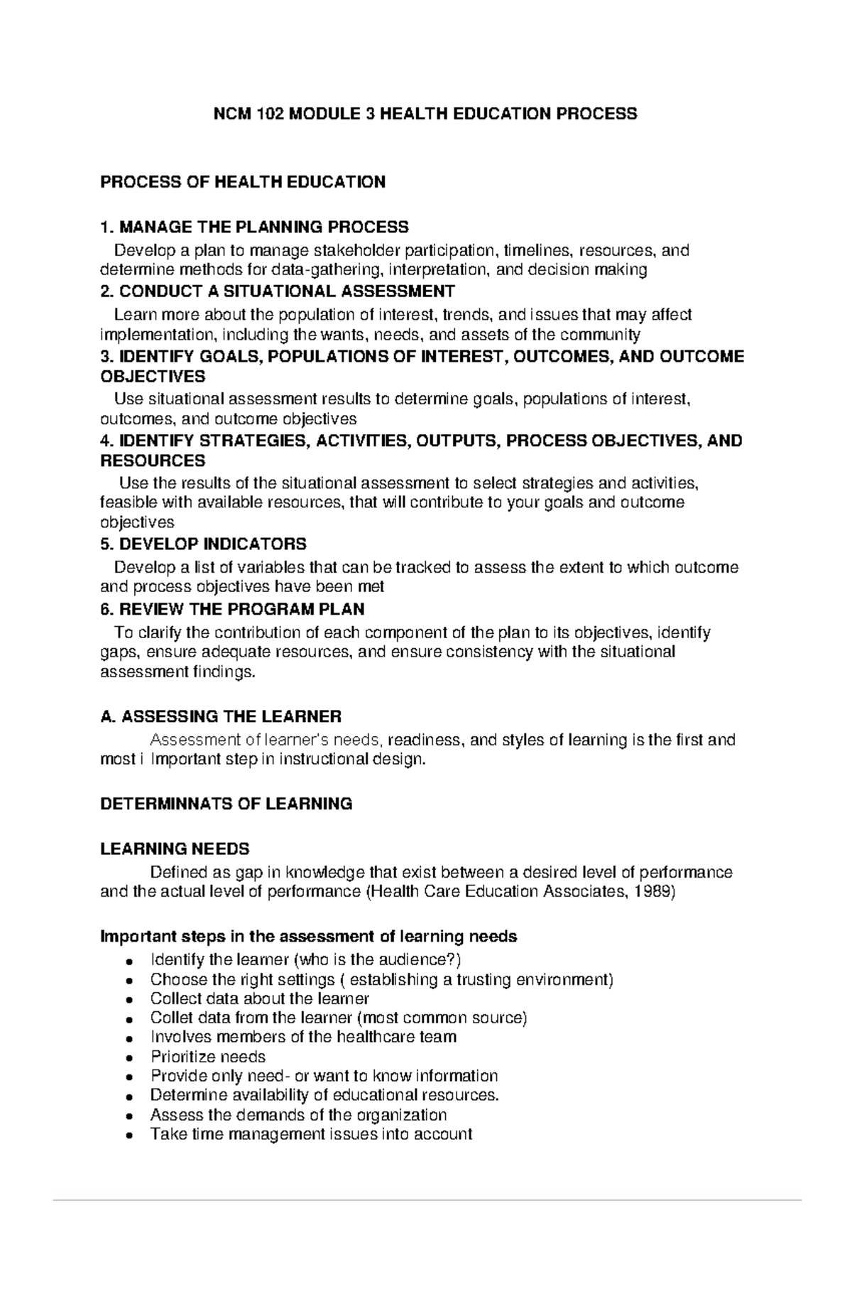 Study Notes: NCM 102 - Module 3 Health Education Process - Studocu
