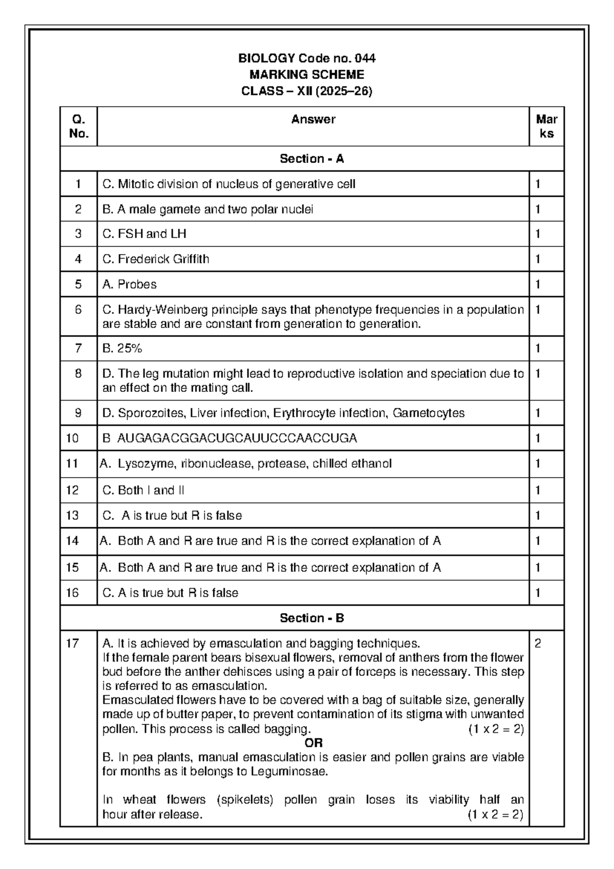 BIOLOGY 044 CLASS XII MARKING SCHEME - ANSWERS - Studocu