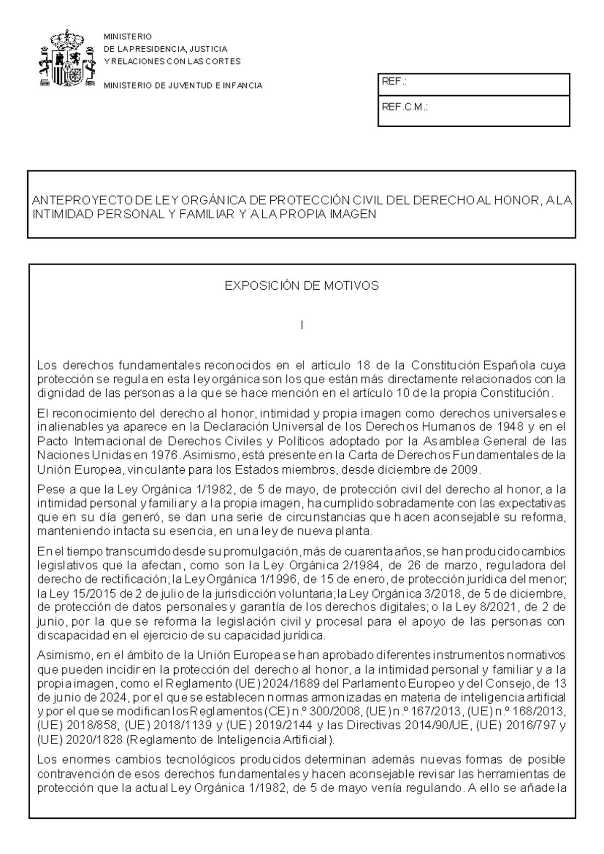 Anteproyecto de Ley Orgánica sobre Protección del Honor y la Intimidad ...