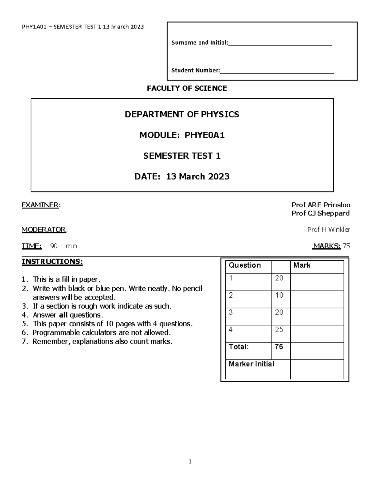 PHY1A01 SEMESTER TEST 1 MEMO 2023: Solutions and Explanations - Studocu