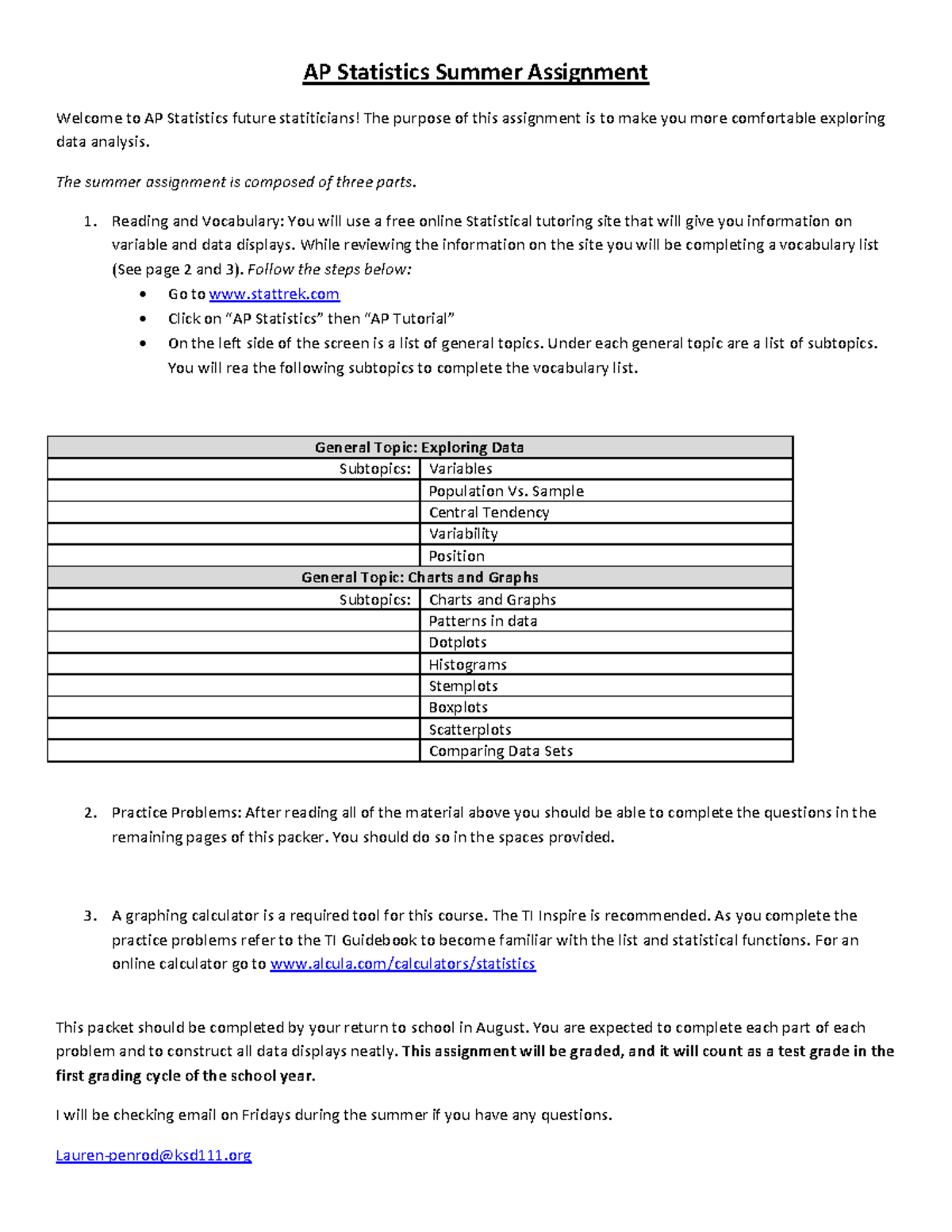 AP Statistics Summer Assignment - AP Statistics Summer Assignment ...