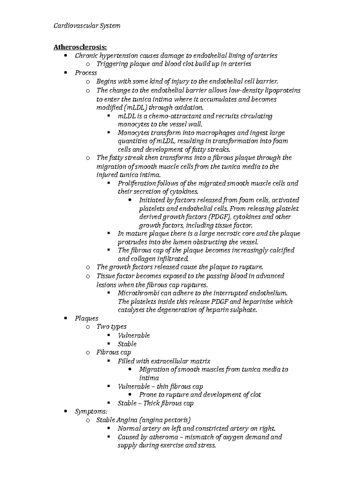 Atherosclerosis - Lecture notes 1 - Cardiovascular System ...