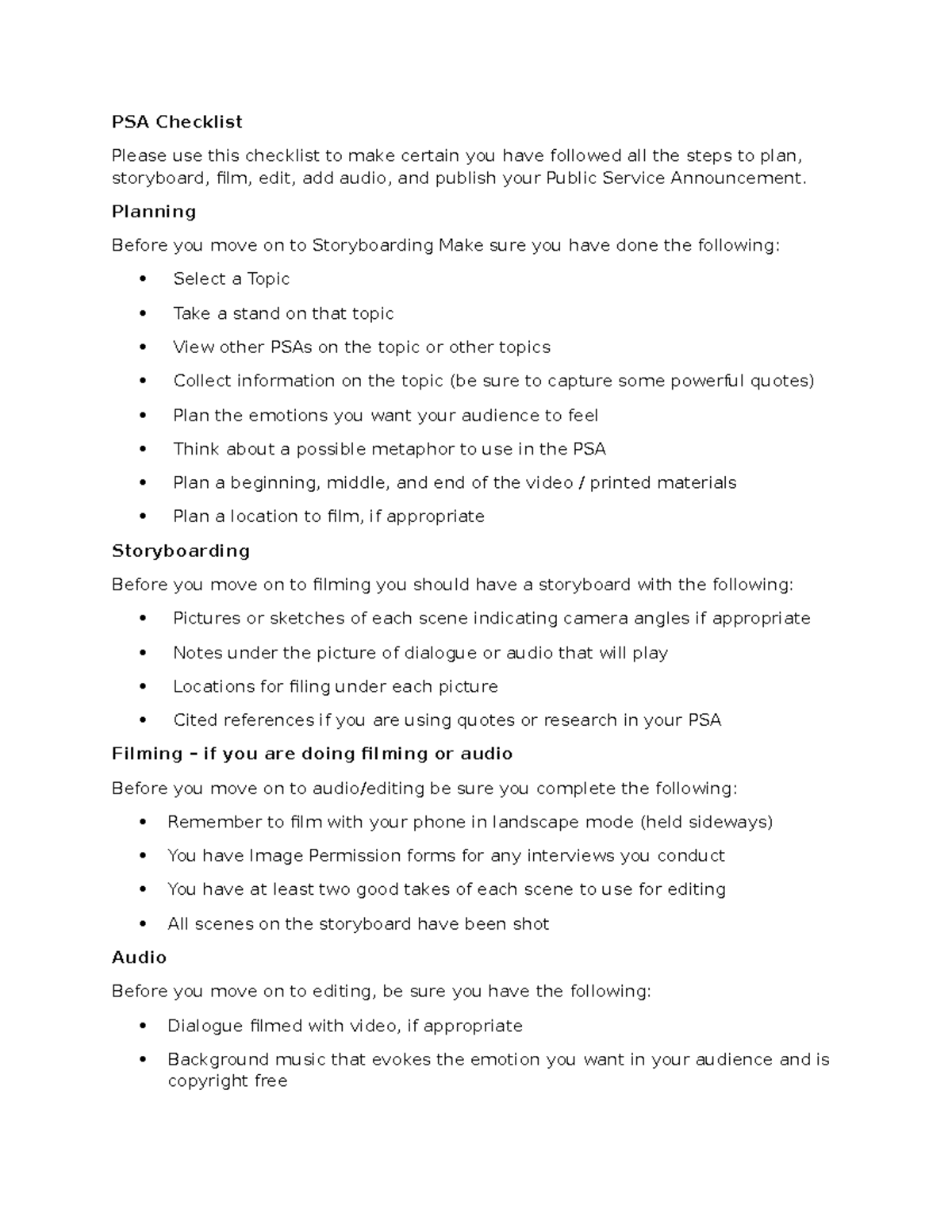 PSA checklist for planning, storyboarding, filming, and editing - Studocu