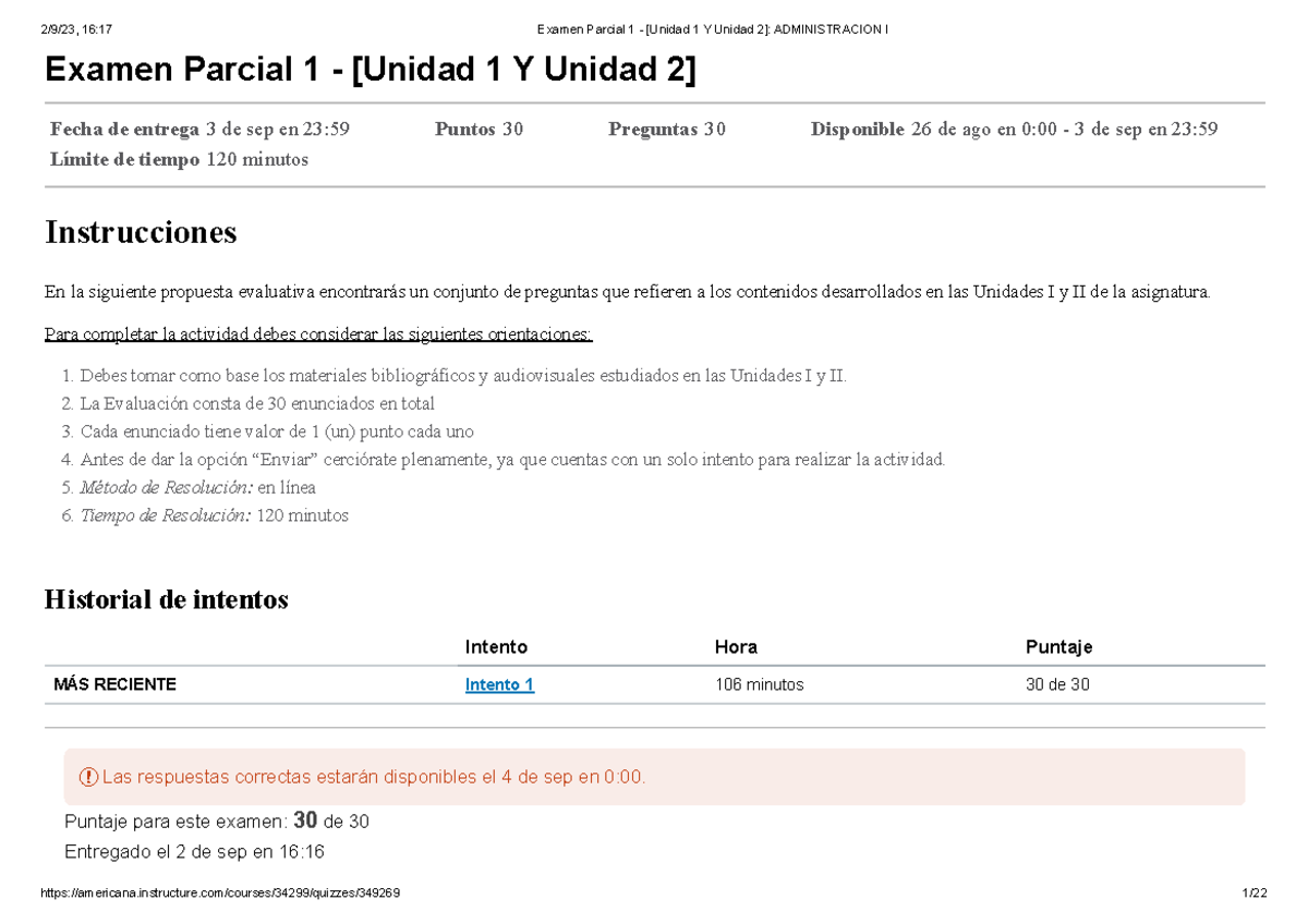 Examen Parcial 1 - Contenido de Unidades I y II en Administracion I ...