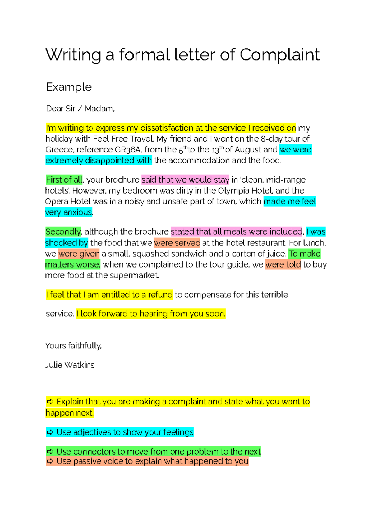 Letter of Complaint Regarding Tour GR36A - Service Issues and Refund ...