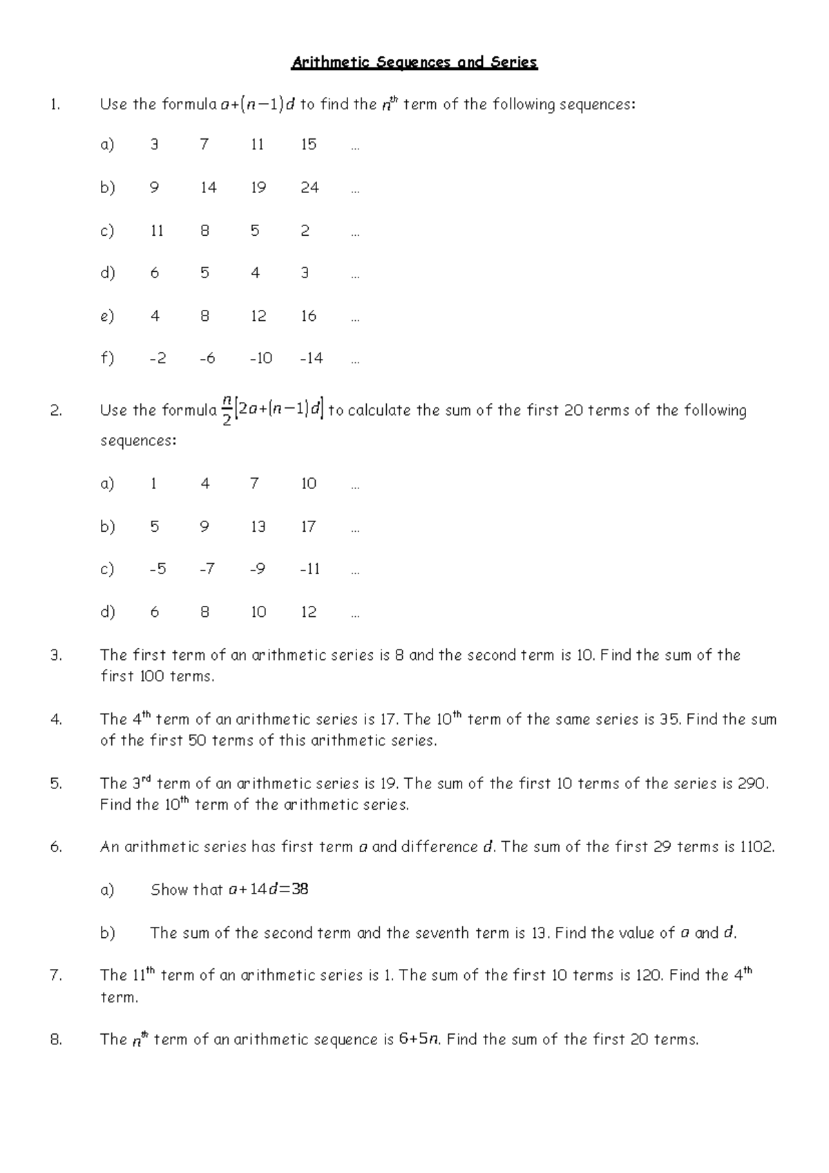 Arithmetic Sequences and Series Questions (Math 101) - Studocu