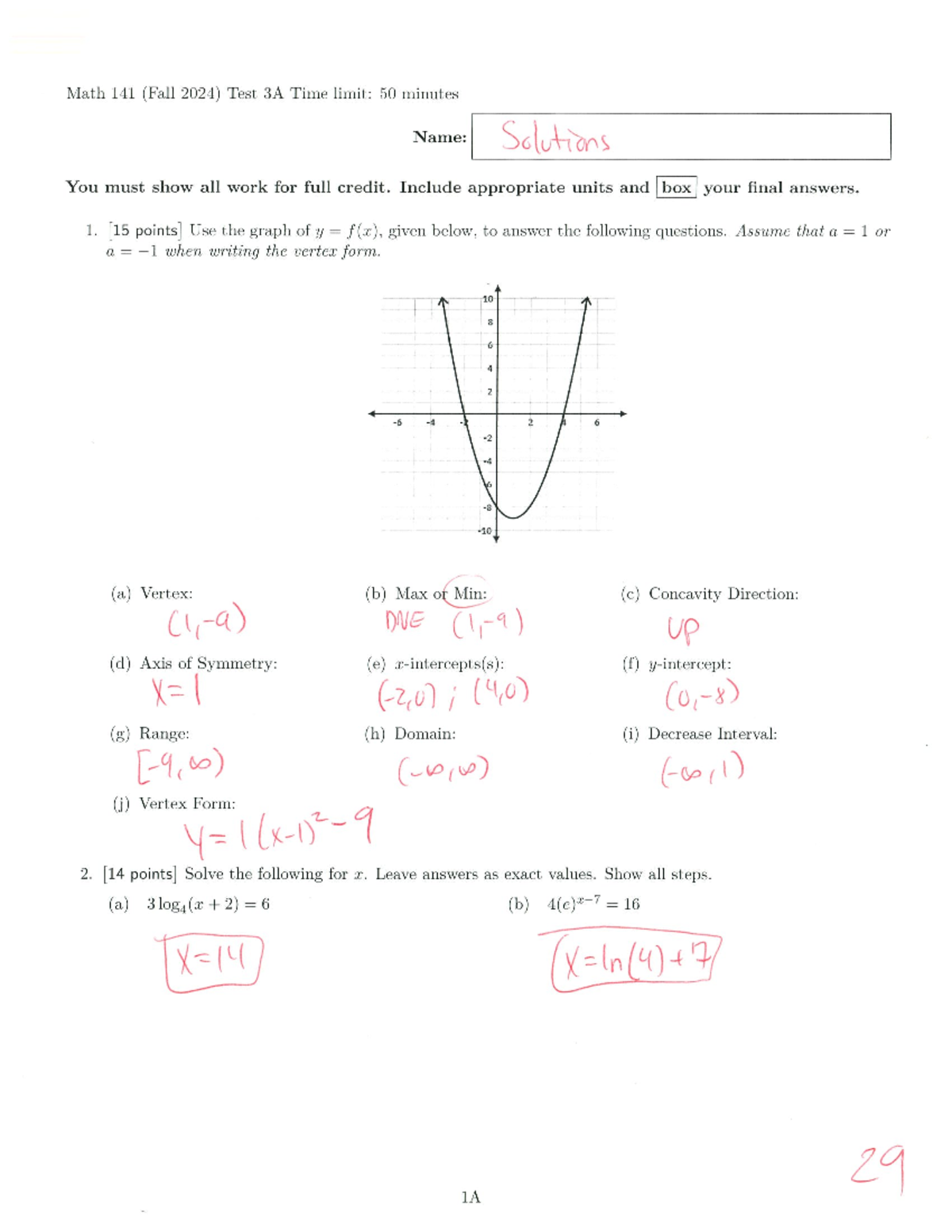 141 E3A Solutions - answers to the exam - Math 141 (Fall 2024) Test 3A ...