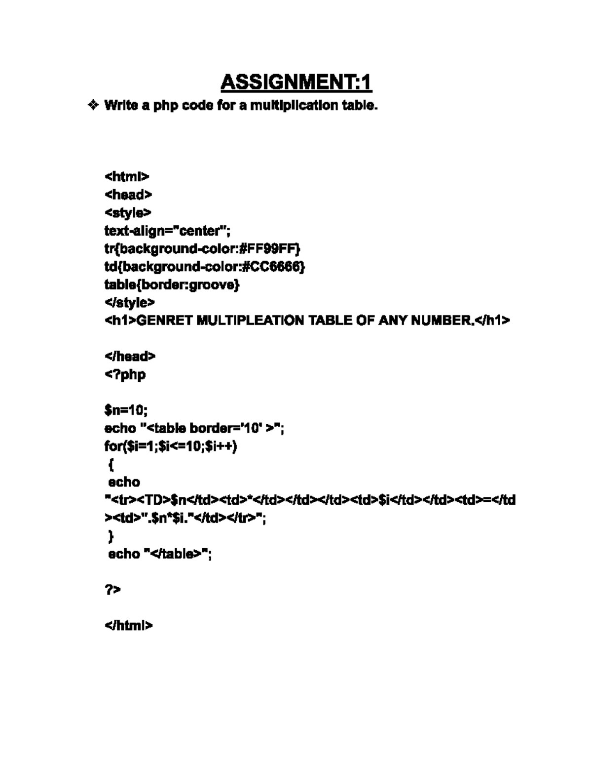 PHP Code Assignment: Multiplication Table & Session Management - Studocu