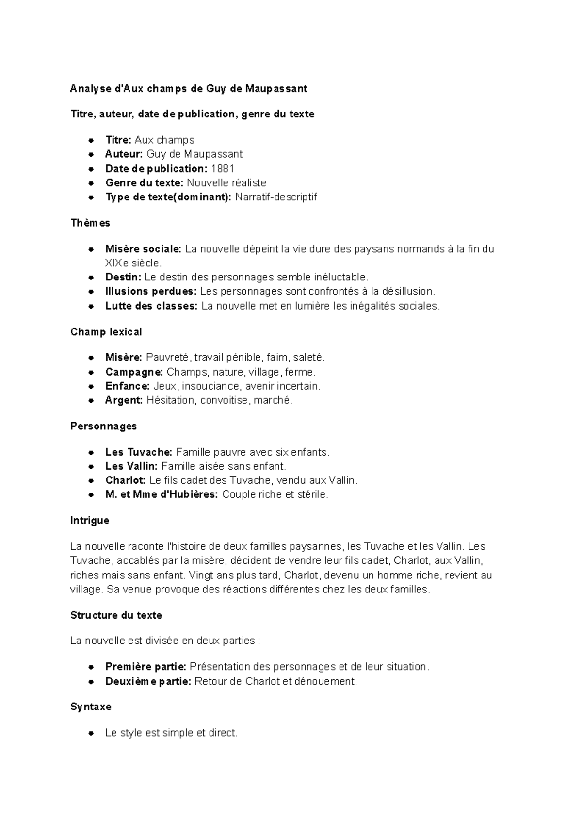 Aux champs (analyse de texte) Analyse d