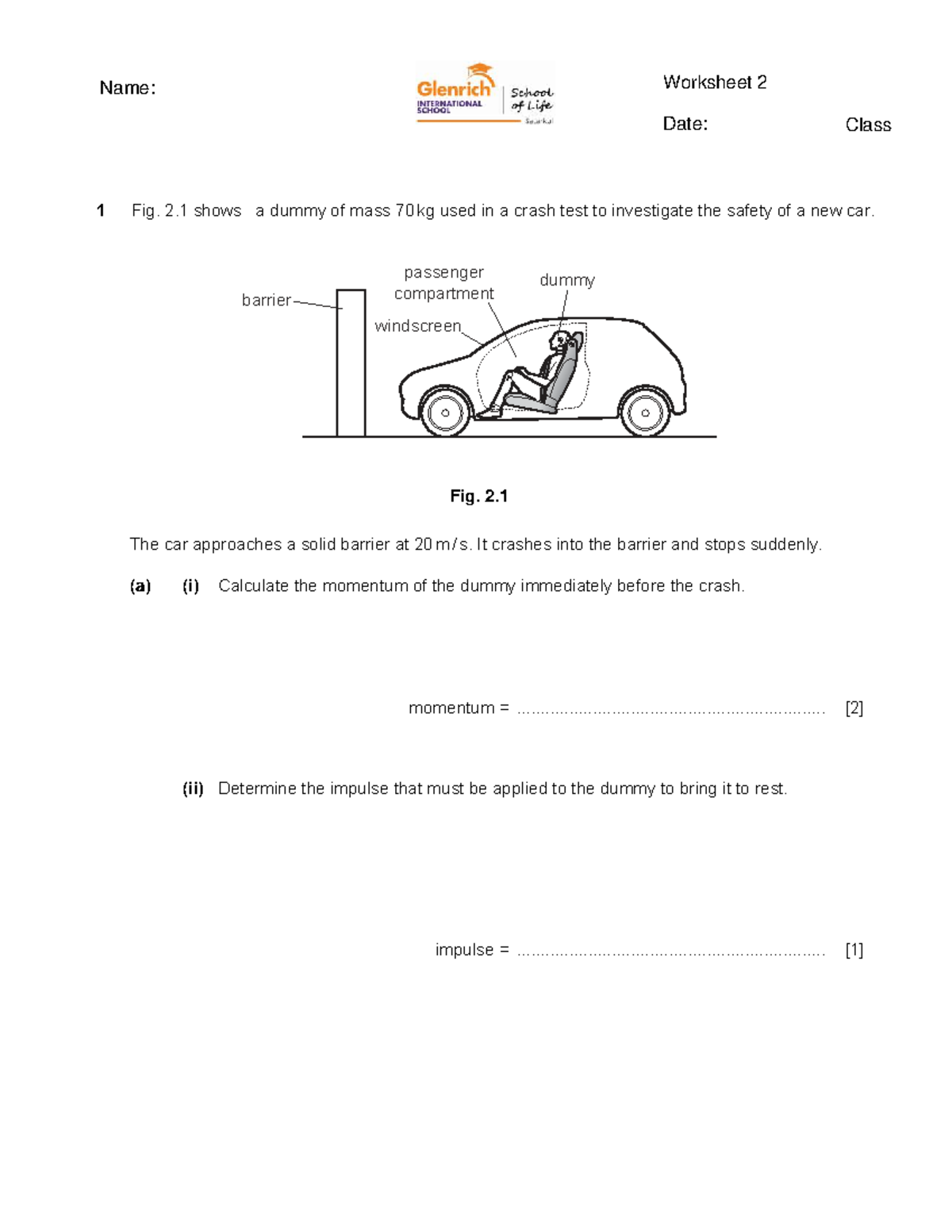 Physics Worksheet 2: Momentum and Impulse Calculations - Studocu