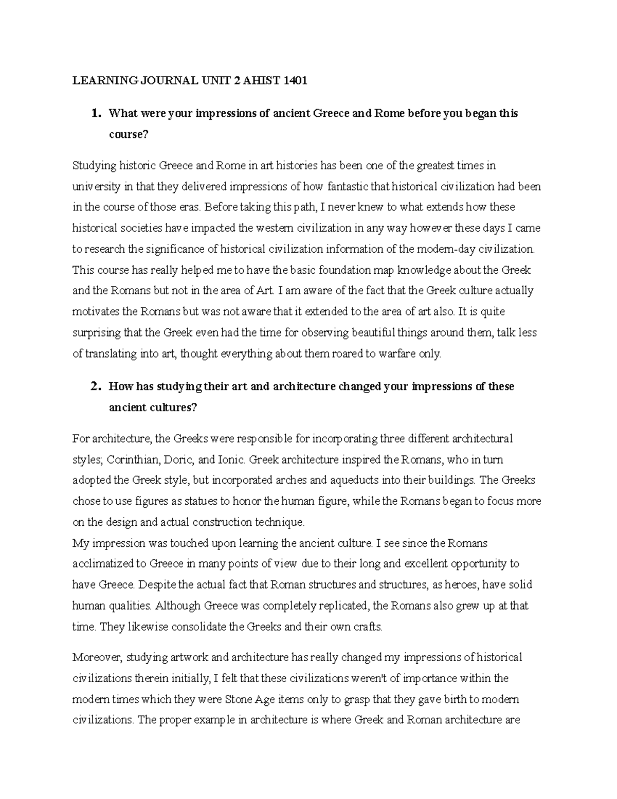 Ahist 1401 Learning Journal Reflection on Ancient Greece and Rome - Studocu