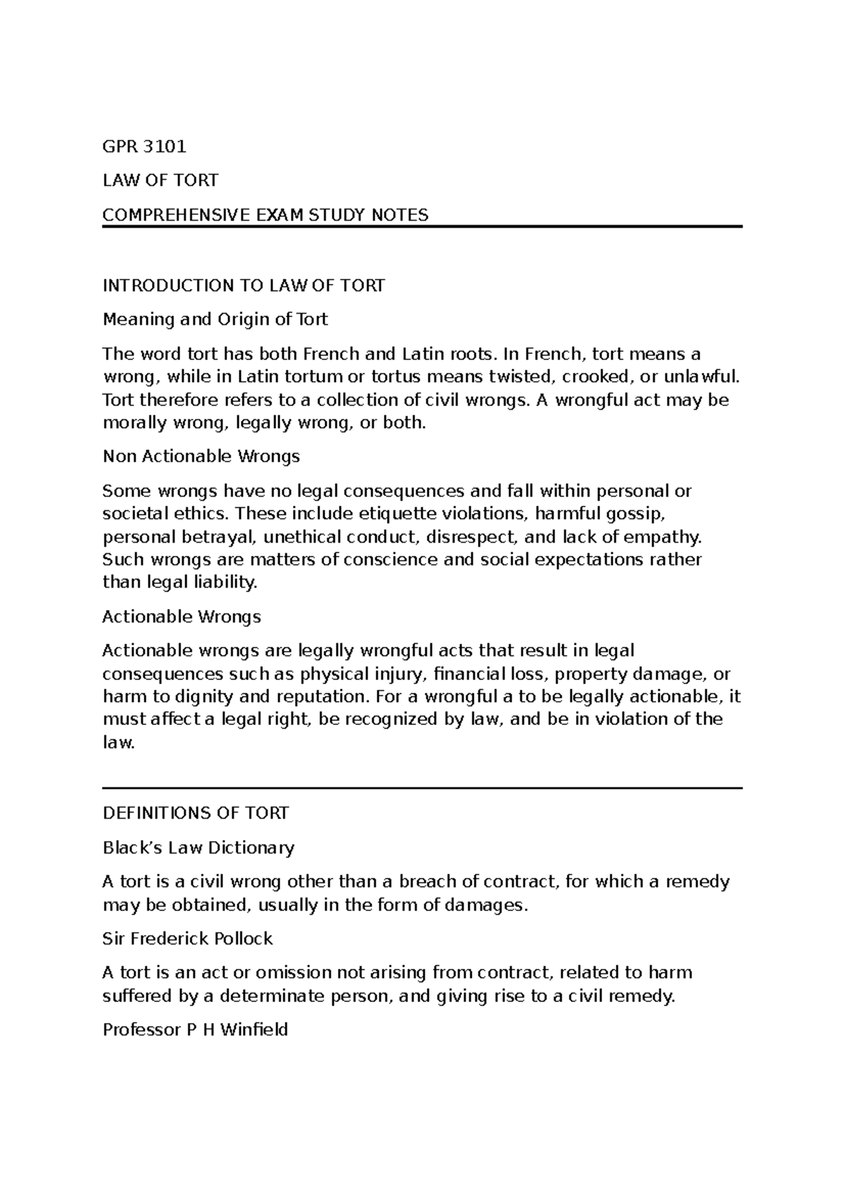 GPR 3101 LAW OF TORT COMPREHENSIVE EXAM STUDY NOTES - Studocu