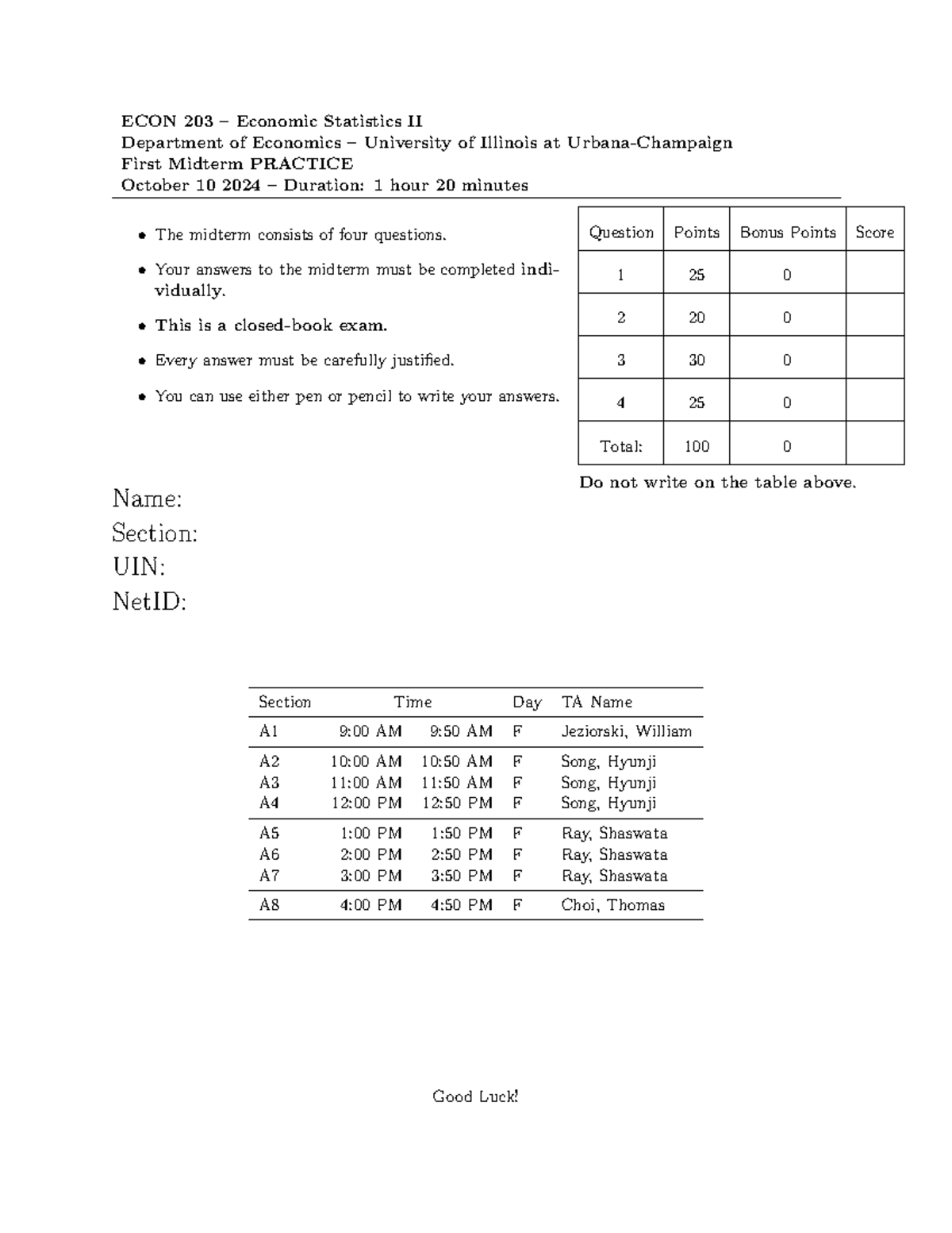 Midterm I Practice Exam - ECON 203 – Economic Statistics II Department ...