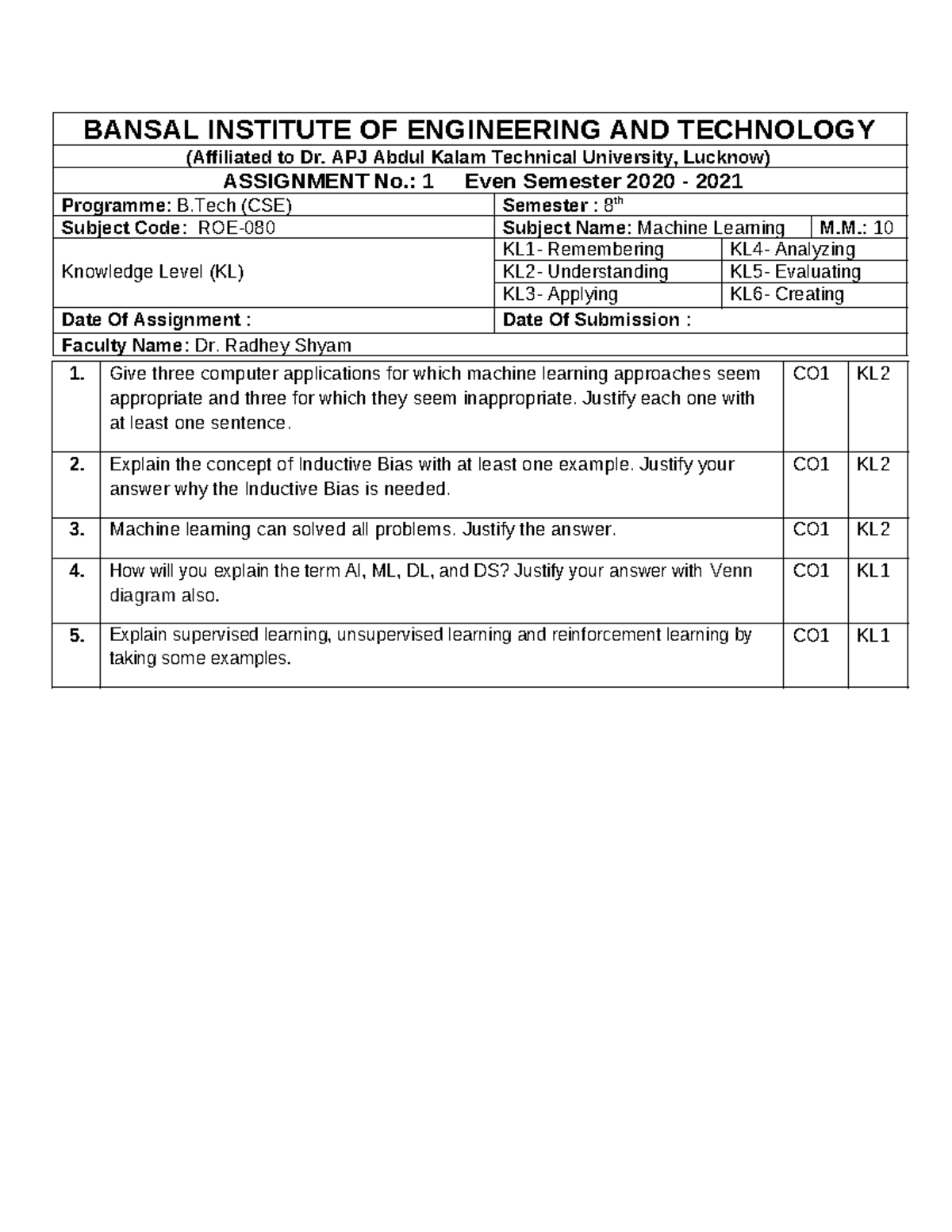 RCS 080 ML-A1 - Machine Learning Quiz Assignment 1 (2020-21) - Studocu