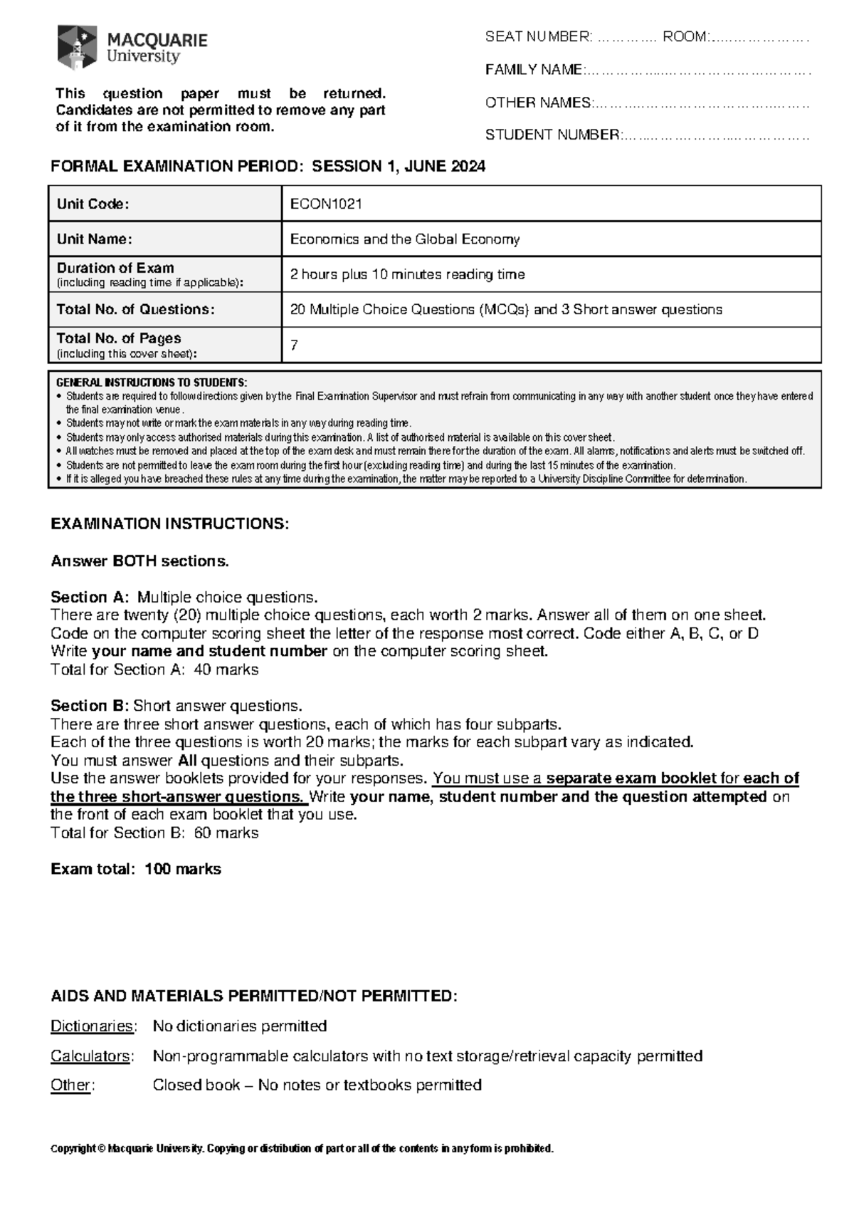 ECON1021 Final Exam - Economics and the Global Economy, June 2024 - Studocu