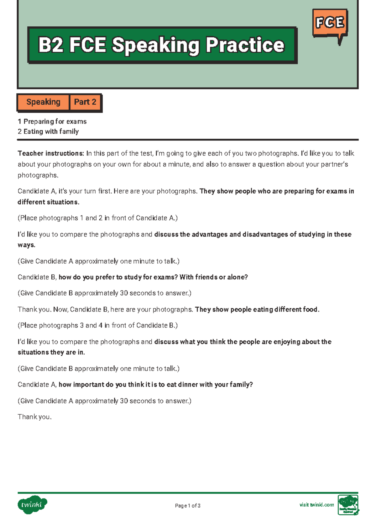 B2 FCE Speaking Practice: Part 2 Exam Prep & Family Meals - Studocu