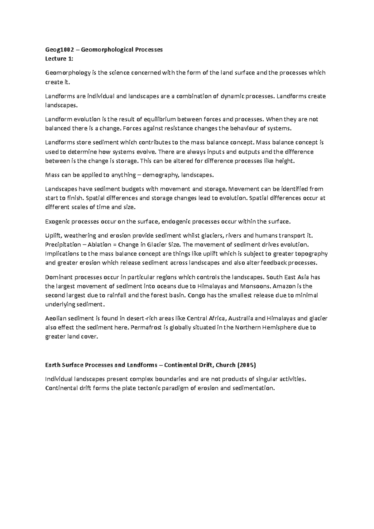 Geog1002 Geomorphological Processes: Lecture Notes 1-20 Overview - Studocu
