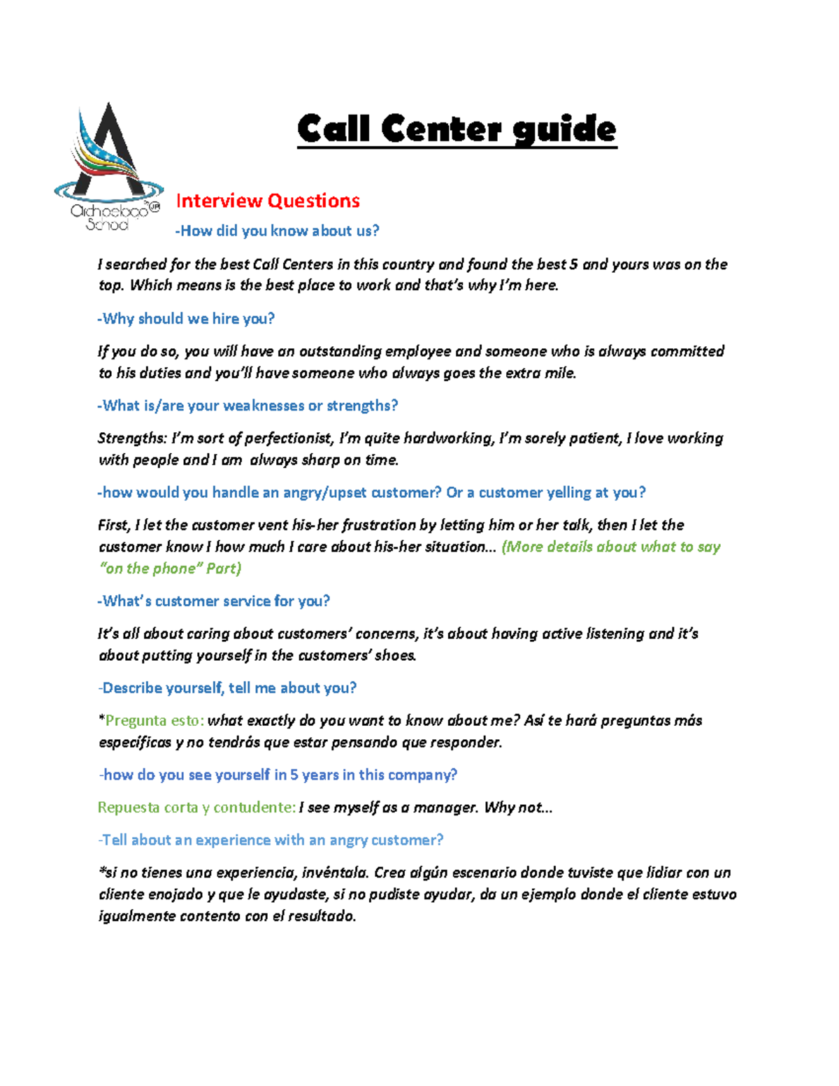 Call center guide - interview questions and tips for success - Studocu