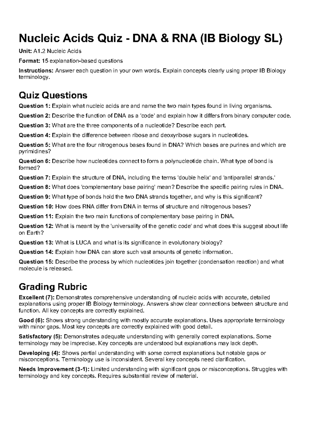 Nucleic Acids Quiz: DNA & RNA (IB Biology SL) - 15 Questions - Studocu