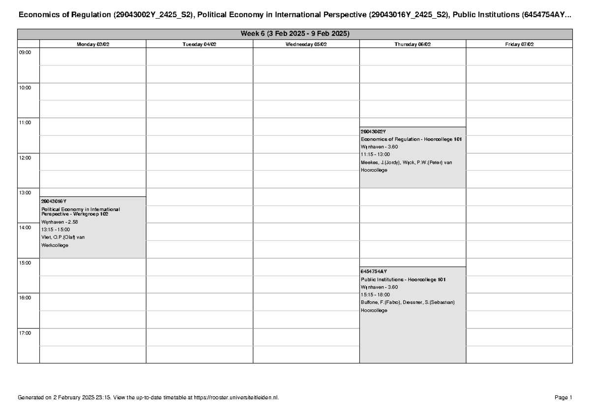 Timetable for Economics (29043002Y), Political Economy (29043016Y ...