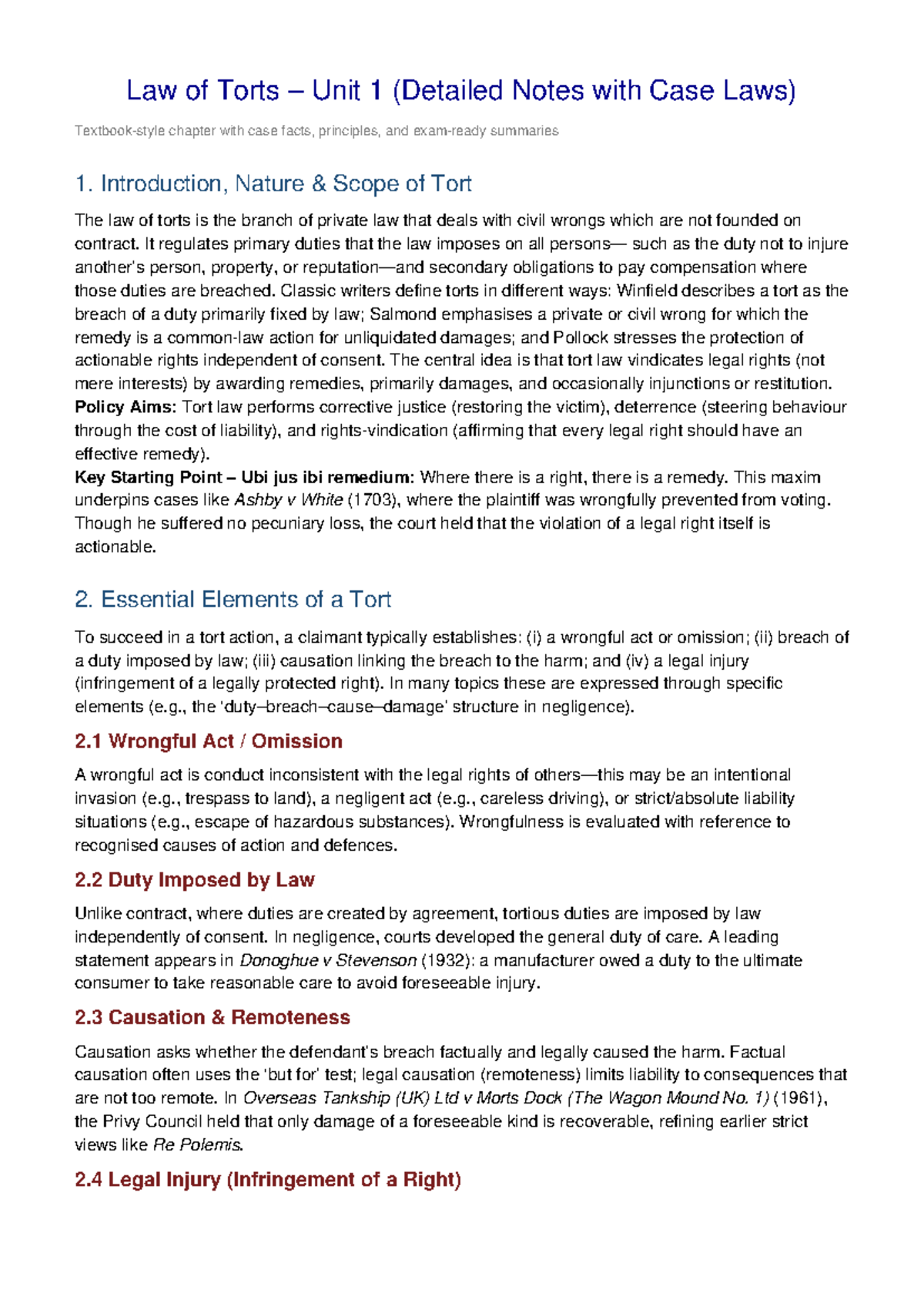 Law of Torts Unit 1: Comprehensive Notes on Principles & Case Laws ...