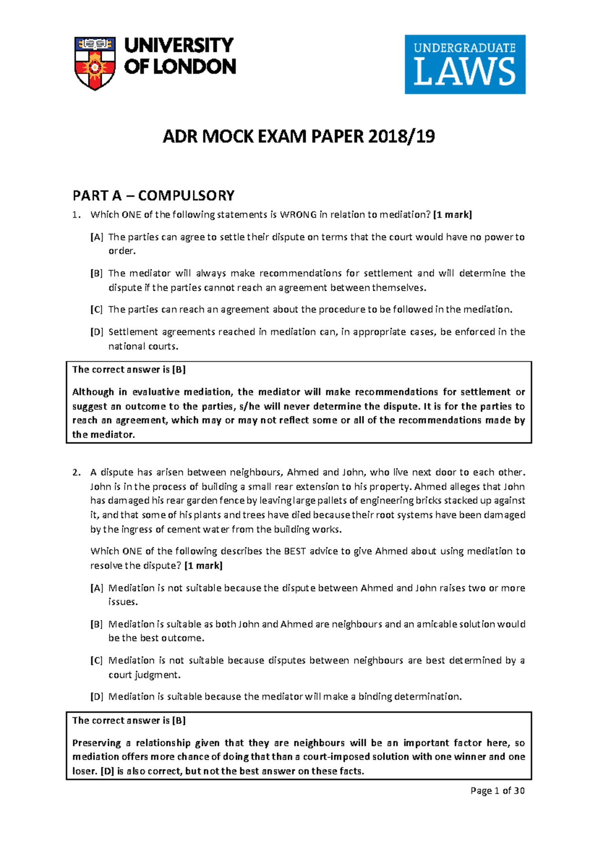 Final Mock ADR Exam Paper with Answers and Explanations - Studocu