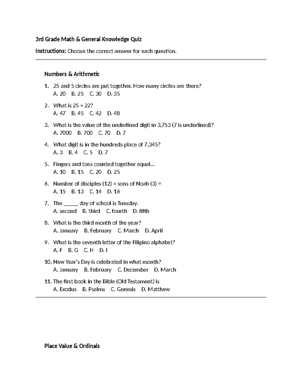 3rd Grade Math - General Knowledge Quiz Practice Set - Studocu
