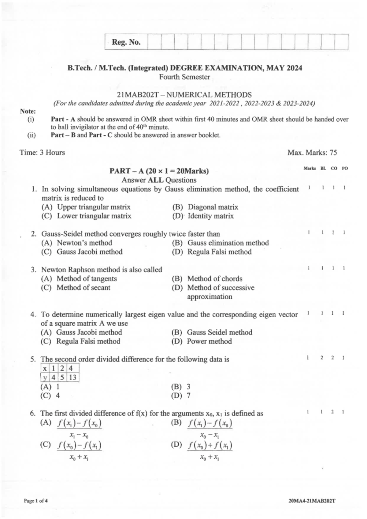 Numerical Methods Exam Paper - M.Tech. 21MAB202T, May 2024 - Studocu