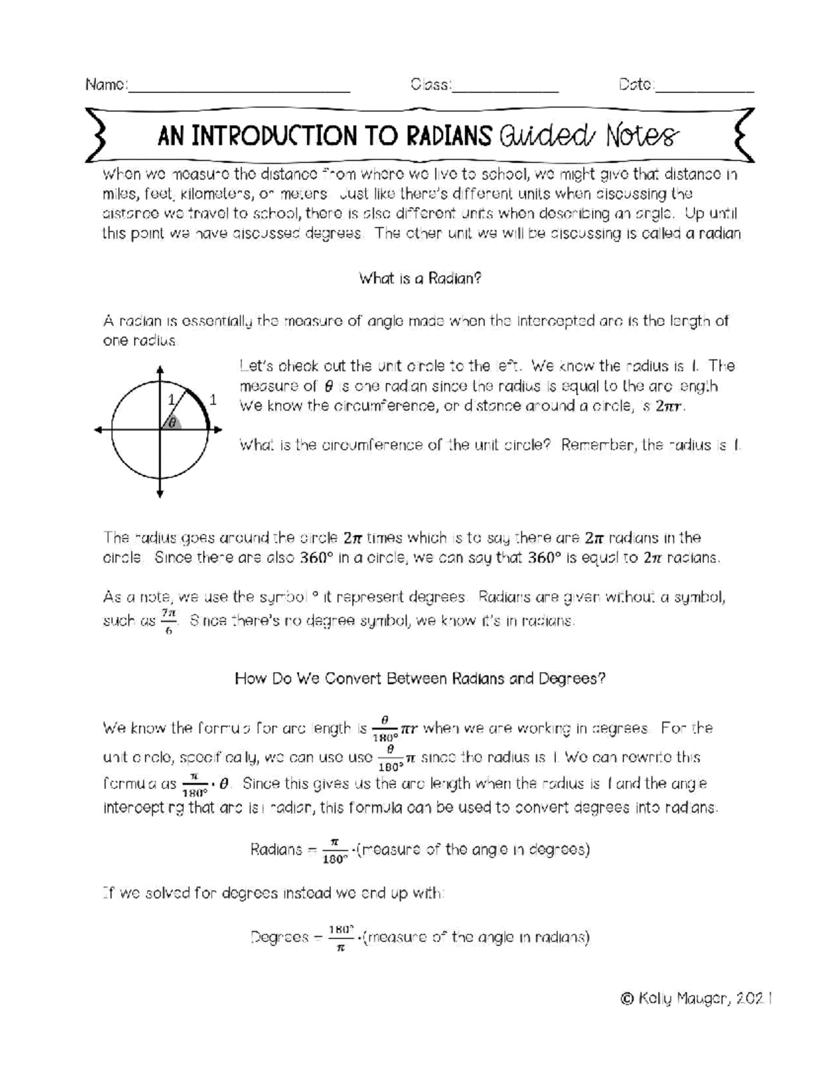 MATH 101: Intro to Radians - Guided Notes and Practice - Studocu