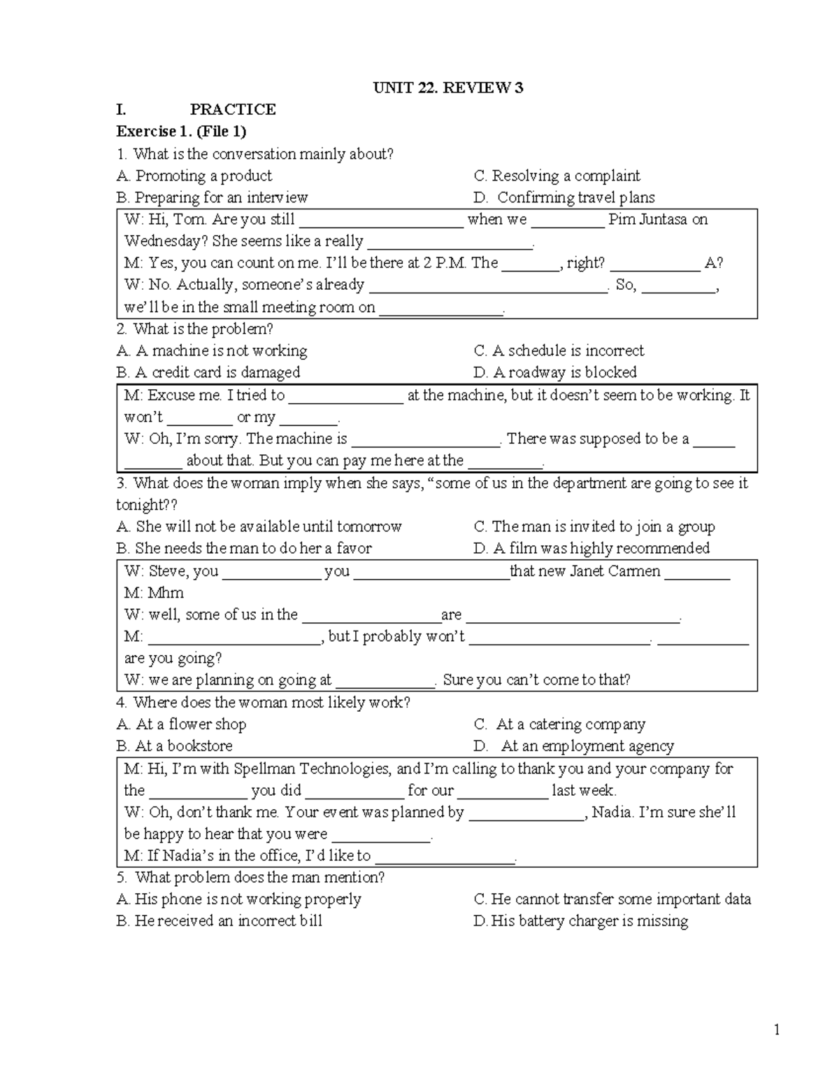 UNIT 22 PART 3 Review 3 REV - UNIT 22. REVIEW 3 I. PRACTICE Exercise 1 ...