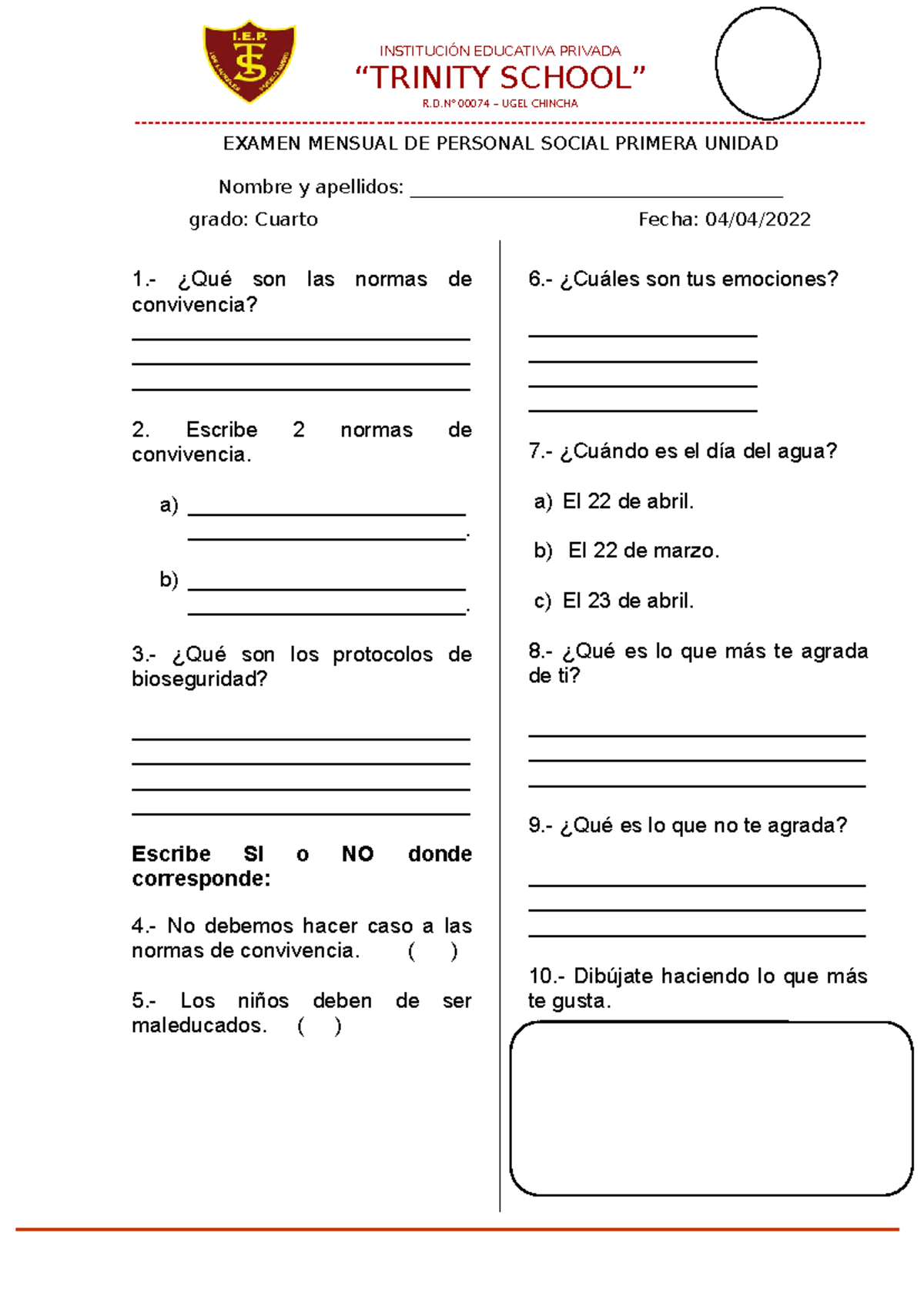 Examen Mensual de Personal Social 4° Grado - Unidad 1 - Studocu