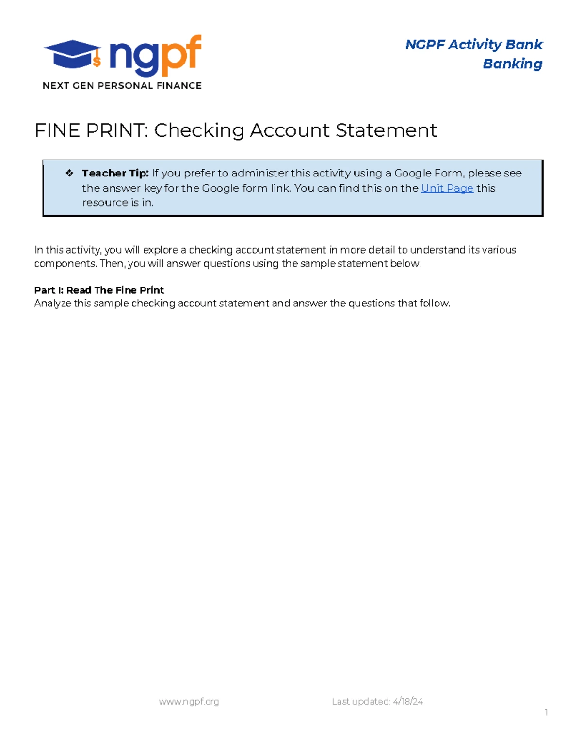 FINE PRINT: Understanding Checking Account Statements Activity - Studocu