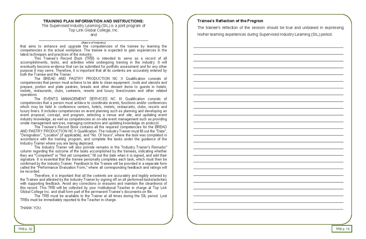 Trainee Reflection Record Book for Supervised Industry Learning (SIL ...