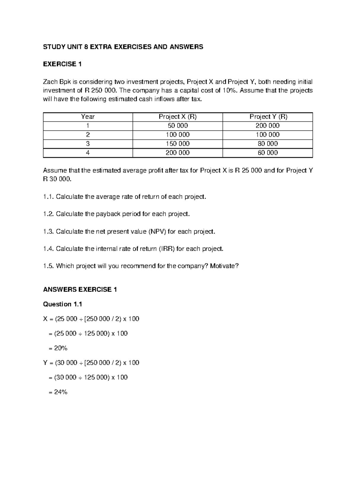 Study Unit 8: Investment Projects Analysis & Solutions - Studocu