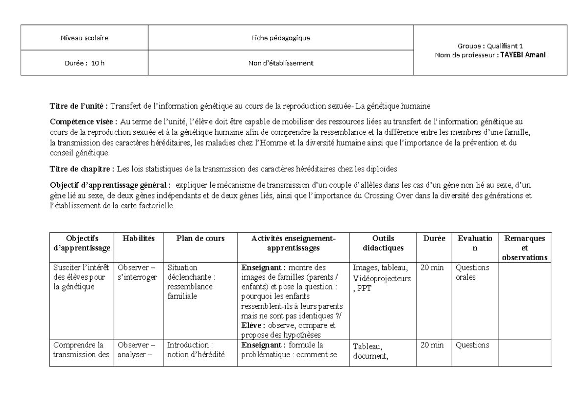 Fiche Pédagogique: Transfert de Génétique en Reproduction - Qualifiant ...