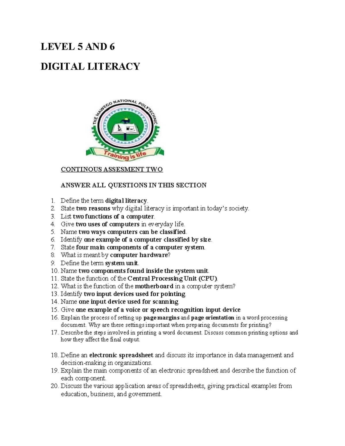 DGL Level 5 & 6 Digital Literacy Continuous Assessment Quiz - Studocu