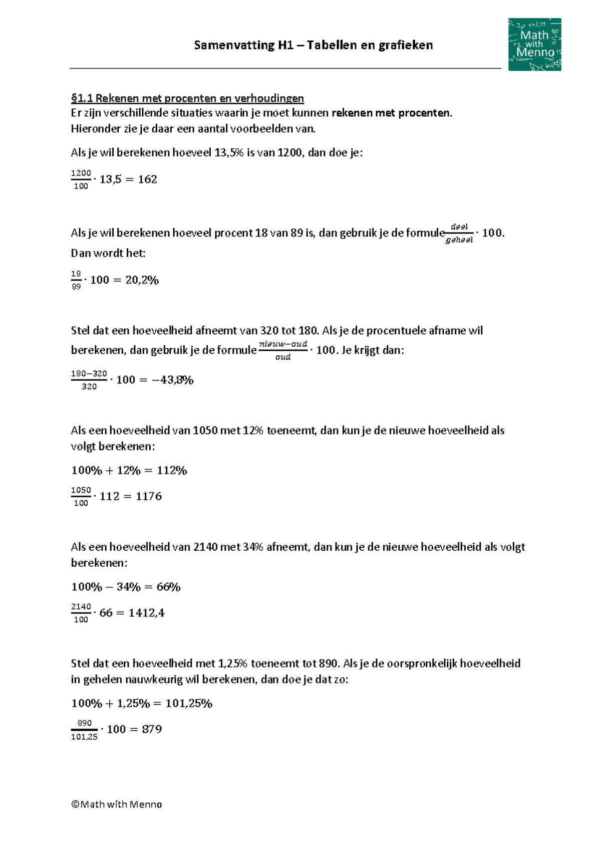 Samenvatting H1 Tabellen en Grafieken: Rekenen met Procenten - Studeersnel