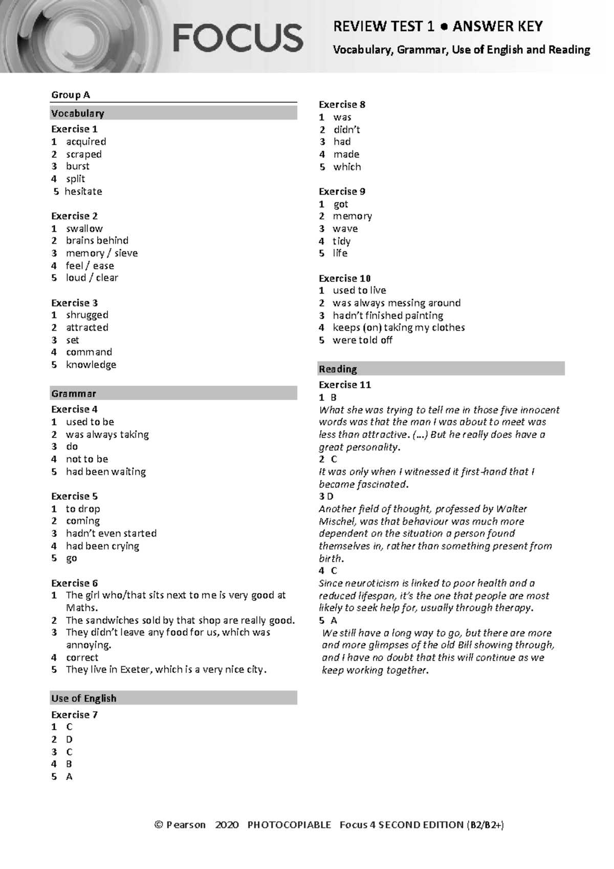 Focus 4 2E Review Test 1: Vocabulary, Grammar & Reading Answers - Studocu