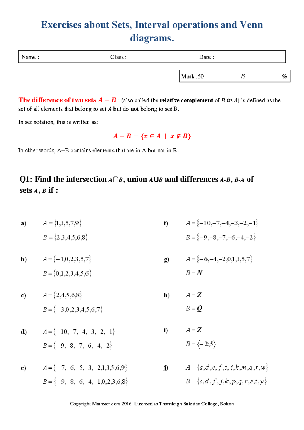 Worksheet activities about Sets , interval and Venn diagram. Grade 10 ...