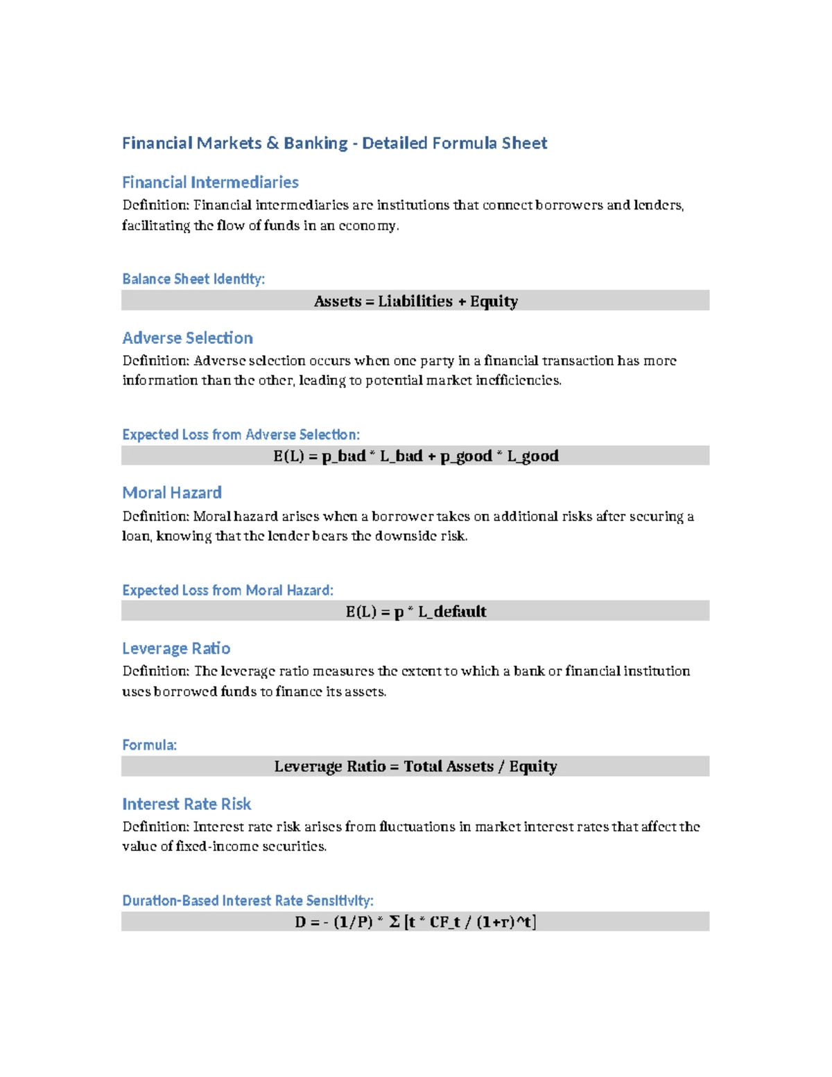 Financial Markets & Banking - Detailed Formula Sheet (FM 301) - Studocu