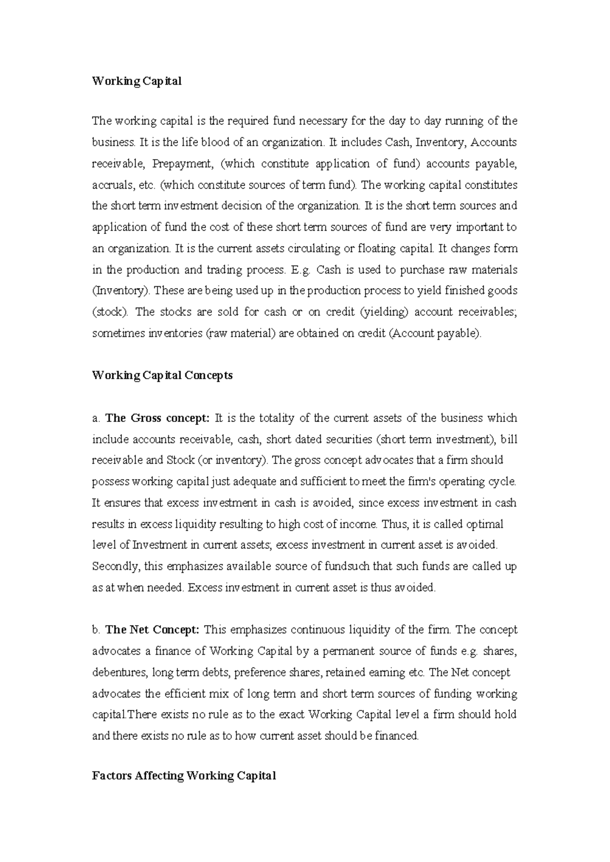 Working Capital Concepts and Factors Affecting It - Summary Note - Studocu