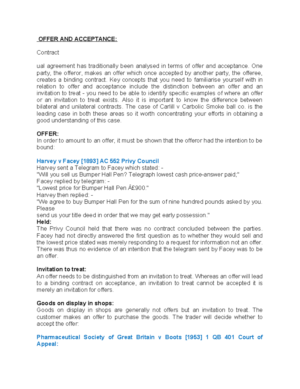 OFFER AND ACCEPTANCE: Key Concepts in Contract Law (LAW 101) - Studocu