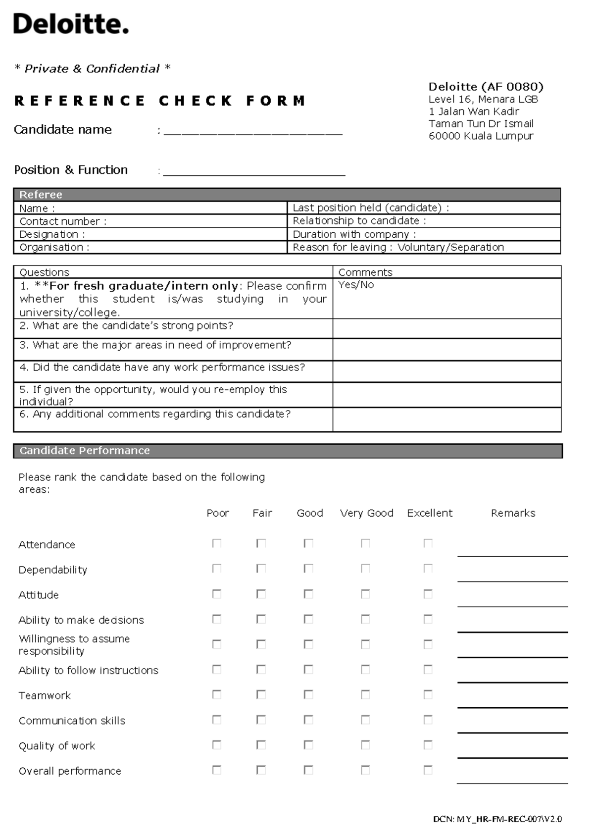 Deloitte Reference Check Form Template (AF 0080) for Fresh Grads - Studocu